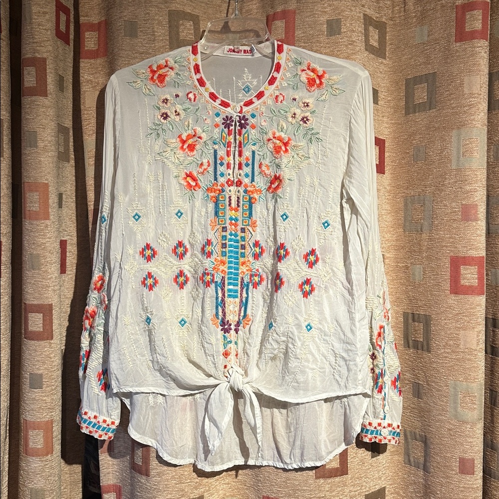 Johnny Was Embroidered Ling-Sleeved Top
